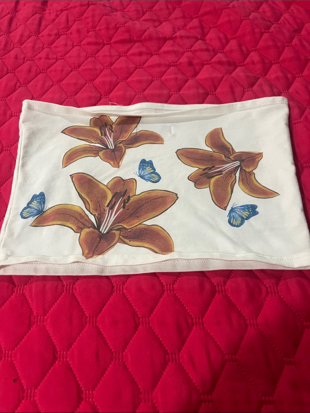 Edikted White Floral Tube Top with Brown Flowers and Blue Butterflies - Picture 5 of 5